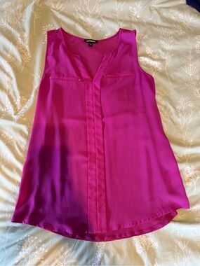 Express Magenta Sleeveless V-Neck Tank with Pleated Front